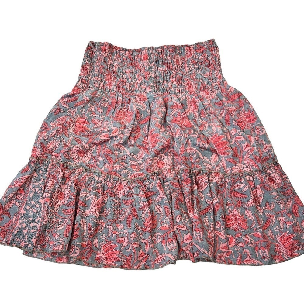Perry Walker Smocked Tiered Silk Mini Skirt Size M 3 Julia Gray Pink